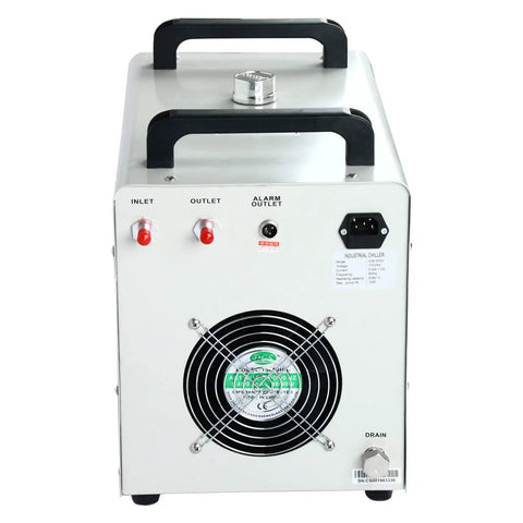 Front view of CW-3000 Water Chiller For Laser Engraving Machines showing control panel and fan, 8L cooling system