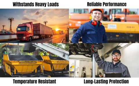 Collage showing heavy-duty trucks, construction worker, industrial machines, and mechanic with focus on Red N Tacky Red Grease Heavy Duty Multi Purpose Lubricant For High Temperature Bearings And Industrial Machinery Built To Take The Heat And Tough As Nails Under Extreme Pressure In A 2 Pack.