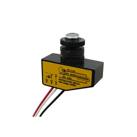 Dusk To Dawn Outdoor Light Sensor Switch with yellow label, three-wire system, DC 8-50V, photocell auto on off for hard wired exterior lights.