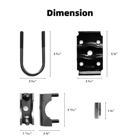 Detailed dimensions of No Sweat Heavy Duty Trailer Axle Conversion And Lift Kit components including u-bolts and plates.