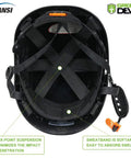 Interior view of Lightweight Vented Safety Helmet With Adjustable Six Point Suspension And ABS Construction ANSI Z89 1 Approved showing six-point suspension and sweatband.