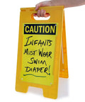 Blank Caution Folding Floor Sign 25 By 12 Inches Double Sided Dry Erase Plastic Sign With Built In Handle Write On Surface Grab And Go Portable Durable Great For Temporary Hazards And Safety Messages. yellow folding caution sign with handwritten pool diaper message, plastic, double-sided