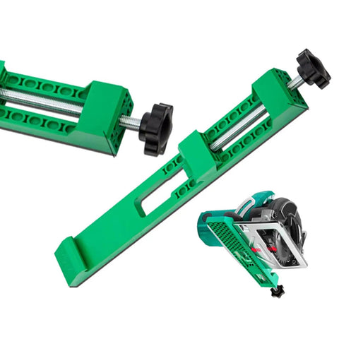 Essential Cutting Machine Base Plate Guide With Circular Clip for Precision Straight Cuts, featuring a green ABS body and adjustable clips.
