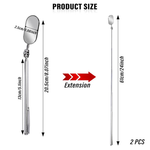 Telescoping Car Inspection Mirror Kit 2 Pack Stainless Steel Flexible Retractable Extension Mirror For Auto Maintenance And Tight Spaces Extends From 8 Inches To 24 Inches For Checking Vehicle Details In Tight Spots Pro Grade Reach, 2-piece size chart