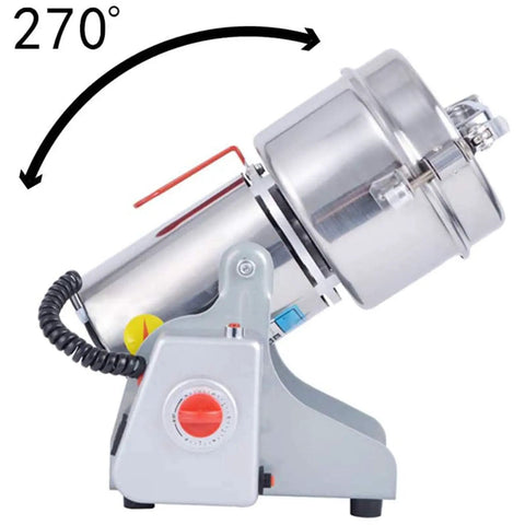 700G High Speed Electric Spice And Grain Grinder Mill shown at a 270-degree angle, featuring stainless steel build and control knob.