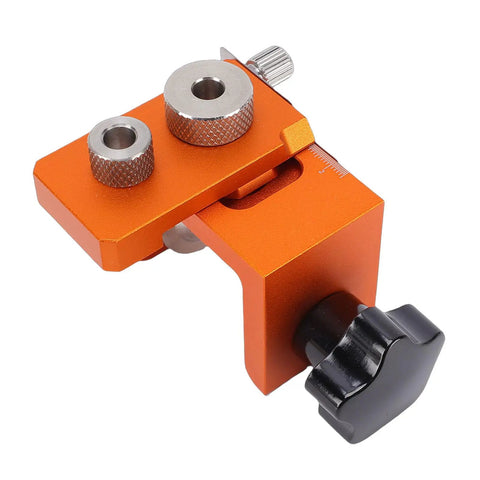 Rock Solid Double Hole Drilling Positioner With 12mm Eccentric Nut Drill Guide, orange aluminum clamp for precise alignment.