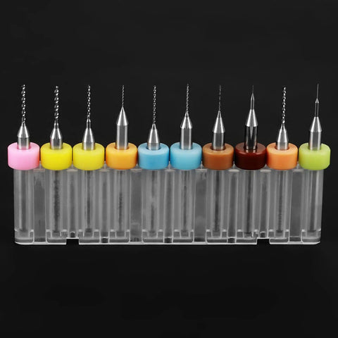 Pro Grade Tungsten Carbide Micro Drill Bits Set for PCB Circuit Boards, 10 Pack, color-coded tips, storage case background
