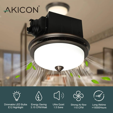 Ultra Quiet Bath Exhaust Fan With Light 110 CFM 1.5 Sones Ventilation in oil rubbed bronze finish installed on ceiling.