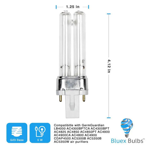 Two Pack LB4000 Replacement UV C Bulbs For GermGuardian Purifiers shown at 4.12 in height, G23 2-pin base, 1.25 in width