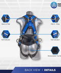 Back view of a blue 5 Point Safety Harness With 6 Foot Lanyard And D Ring Extender Kit For Industrial Roofing PPE Pro Grade OSHA ANSI Approved