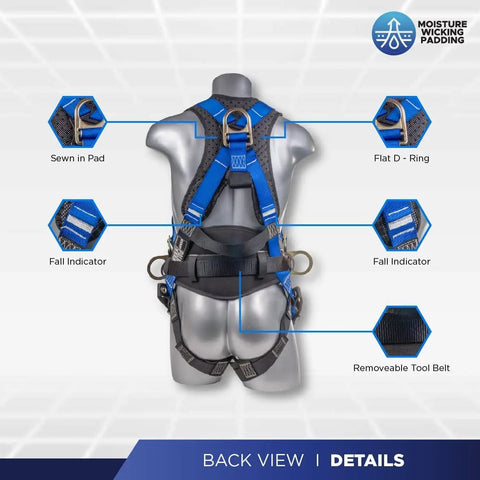 Back view of a blue 5 Point Safety Harness With 6 Foot Lanyard And D Ring Extender Kit For Industrial Roofing PPE Pro Grade OSHA ANSI Approved