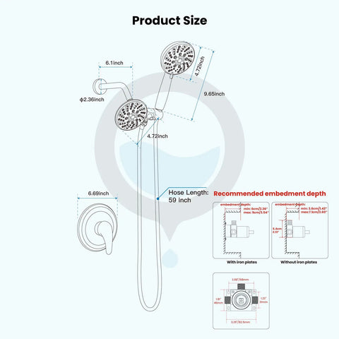Diagram of Dual 2 in 1 Shower Head Kit High Pressure Combo System With 6 Modes ABS Handheld Spray Shower Trim Kit Includes Valve