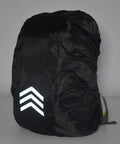 Oxford Cloth Backpack Rain Cover With Reflective Trim, Heavy Duty Yet Trail Ready Thermal Bonding Shield For Hiking, Camping, Fishing, Travel And Outdoor Adventures shown covering a backpack with reflective chevrons.