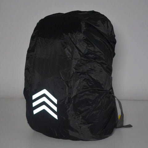Oxford Cloth Backpack Rain Cover With Reflective Trim, Heavy Duty Yet Trail Ready Thermal Bonding Shield For Hiking, Camping, Fishing, Travel And Outdoor Adventures shown covering a backpack with reflective chevrons.