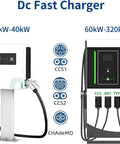 Dual Port DC Fast EV Charger for Businesses and Fleets Quick Public Charging Station featuring plug types and power ratings.