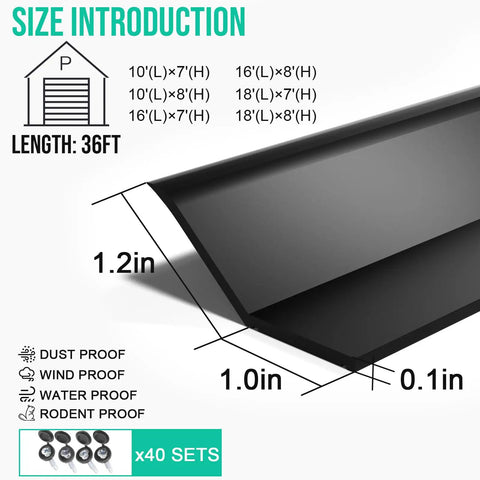 Heavy Duty Garage Door Seal Top And Sides Kit 36 Foot Black Flexible TPE Self Adhesive Weather Stripping Universal Replacement