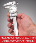 Dial Caliper Workhorse With Adjustable Bezel 0 To 8 Inch Range.001 Inch Graduation Anti Backlash Gear Knife Edge Contacts For Inside And Outside Measurements One Hand Use With Thumb Operated Fine Adjustment Direct Reading And Precise Gauging, hand-held dial caliper