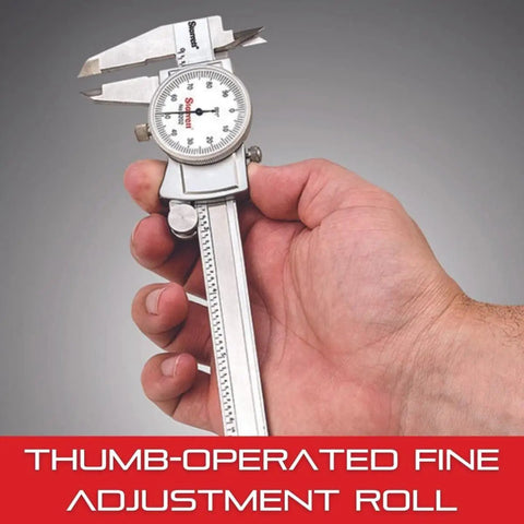 Dial Caliper Workhorse With Adjustable Bezel 0 To 8 Inch Range.001 Inch Graduation Anti Backlash Gear Knife Edge Contacts For Inside And Outside Measurements One Hand Use With Thumb Operated Fine Adjustment Direct Reading And Precise Gauging, hand-held dial caliper