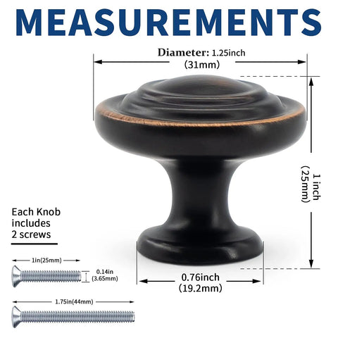 Dope Bronze Cabinet Knobs 25 Pack One And A Quarter Inch Round Drawer Knobs For Cabinets And Drawers Dresser Hardware Single Hole Mount Solid Zinc Alloy Finish Fingerprint Resistant Smooth Surface with measurements