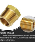 Two brass reducing pipe fittings, 1/2 in NPT male to 1/8 in NPT female, hex-head adapters (front and close-up views).