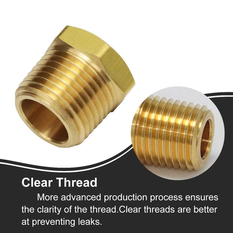 Two brass reducing pipe fittings, 1/2 in NPT male to 1/8 in NPT female, hex-head adapters (front and close-up views).