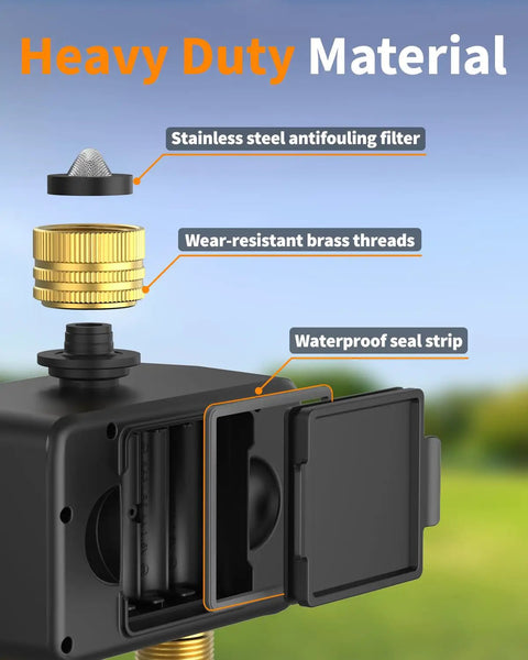 Brass WiFi Sprinkler Timer showing steel filter, brass threads, and seal strip for durability