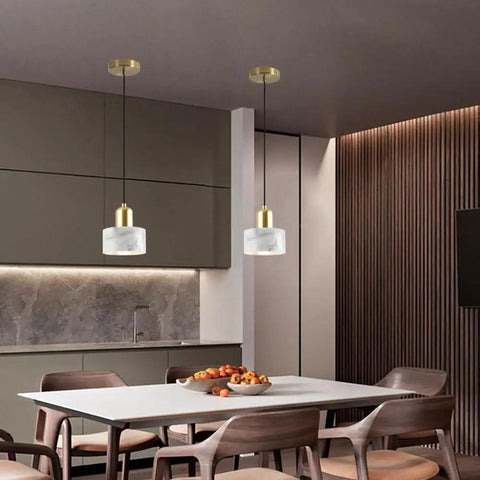 Straight Up Stylish Nordic Modern Marble And Stainless Steel Pendant Ceiling Light With E27 Bulb Socket hanging over a dining table