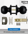 Keyed Entry Door Knob Set Heavy Duty Matte Black All Metal Lock Easy DIY Install Brass Mechanism components displayed