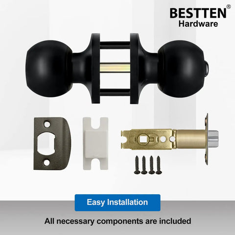 Keyed Entry Door Knob Set Heavy Duty Matte Black All Metal Lock Easy DIY Install Brass Mechanism components displayed
