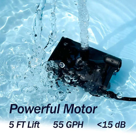 Plug And Play Compact Sump Pump With Water Sensor For Condensate Removal submerged in water showing 5 ft lift and 55 GPH