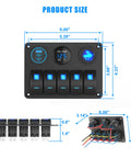 Dimensions of Five Gang Aluminum Marine Switch Panel with USB ports and voltmeter