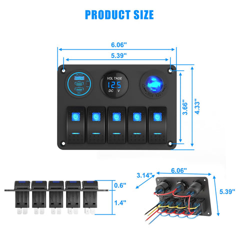Dimensions of Five Gang Aluminum Marine Switch Panel with USB ports and voltmeter