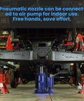 20 Ton Air Hydraulic Bottle Jack For Auto And Truck Repair With Manual Hand Pump under a lifted truck showcasing pneumatic lift