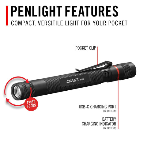 Rechargeable 500 Lumen LED Penlight With Twist Focus For Everyday Carry And Medical Law Enforcement Pilots And Military Compact Pocket Size In Green, showing charging port and pocket clip