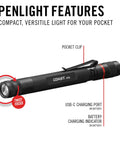 Rechargeable LED Penlight With Twist Focus Optic 500 Lumens Pocket Sized EDC Light features labeled parts and compact design.