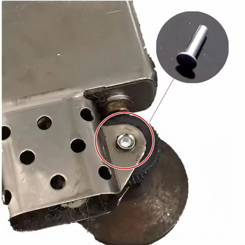 Close-up of Complete 5 Piece Lighter Repair Tool Kit With Heavy Duty Steel Wheel Rivet Punch Set detailing metal fix base and rivet.