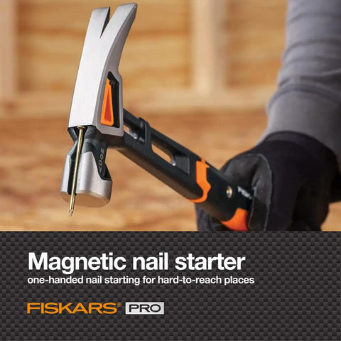 Person using IsoCore 20 Oz General Use Hammer With Rip Claw Magnetic Nail Starter And Shock Absorbing Grip for carpentry work