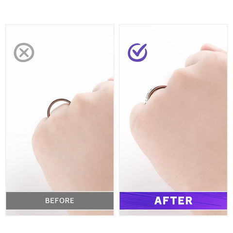 Ring Guard Set For Loose Rings 12 Pack With 3 Sizes In Golden Color Invisible Size Adjusters shown on finger with before and after view