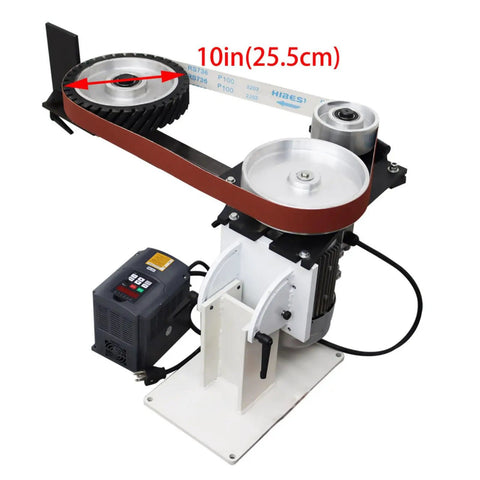 Shop Tough Variable Speed Belt Sander And Metal Polisher Featuring Three Grinding Wheels, 10in belt, metal construction.