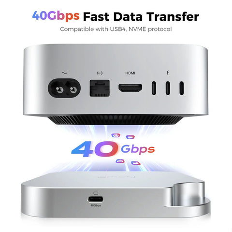 Plug And Play 40Gbps M2 NVMe SSD Enclosure For Mac Mini M4 And Pro with fast data transfer ports and USB 4 compatibility.