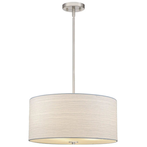 Pearl 18 Inch Modern 3 Light Drum Pendant Chandelier With White Textured Shade Glass Diffuser Adjustable Height LED Compatible Brushed Nickel Finish