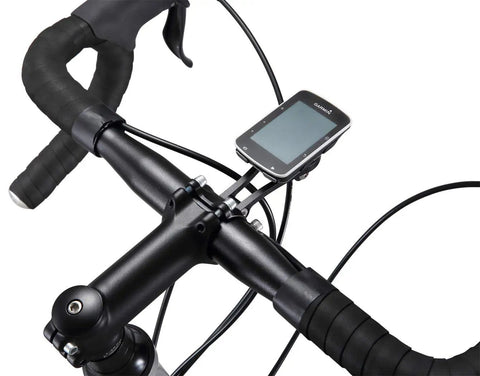 Out Front Bike Computer And GoPro Combo Mount For Garmin Edge Series Adjustable 36mm Or 42mm Stem Fit installed on bike