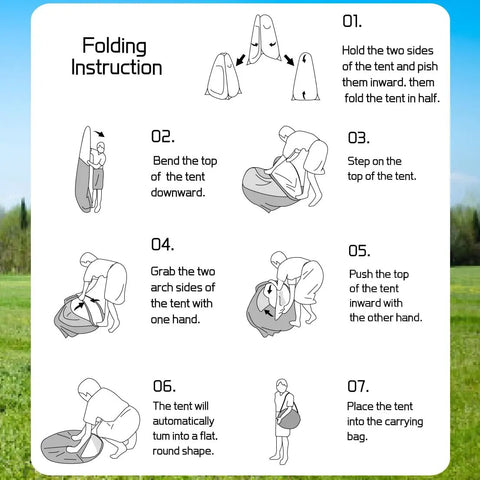 Folding instructions for Pop Up Shower Tent For Outdoor Privacy, Tool Free Setup In A Snap, 47.2W x 74.8H Changing Tent.