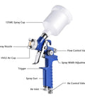 Pro Level Pneumatic Paint Spray Gun With One Millimeter Nozzle Spitting Even Mist And Clean Base Coats Light Weight Frame Clear Fluid Jar And Simple Twist Knob with 125ml spray cup and adjustable controls.