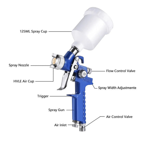 Pro Level Pneumatic Paint Spray Gun With One Millimeter Nozzle Spitting Even Mist And Clean Base Coats Light Weight Frame Clear Fluid Jar And Simple Twist Knob with 125ml spray cup and adjustable controls.
