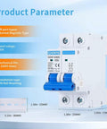 Product parameter diagram showing 50 Amp Miniature DC Circuit Breaker 500V Two Pole Solar PV Disconnect Switch With Thermal Magnetic Trip DIN Rail Mount Isolator
