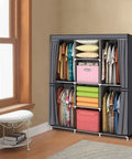 50 Inch Portable Closet Wardrobe For Hanging Clothes With Nonwoven Cover, 4 Hanging Rods And 4 Storage Shelves, Black Steel Frame