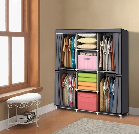 50 Inch Portable Closet Wardrobe For Hanging Clothes With Nonwoven Cover, 4 Hanging Rods And 4 Storage Shelves, Black Steel Frame