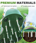 Close-up of Lawn Aerator Shoes With 26 Spikes Self Cleaning Garden Spike Sandals showing galvanized iron spikes on plastic base.
