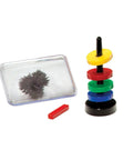 Colorful magnets and iron filings from Magnetic Science Kit For Kids Ages 8 Plus With 33 STEM Experiments, Learn About Earths Magnetic Poles And How Invisible Magnetic Fields Work, Build An Electromagnet, Hands On Safe Experiments And Full Color 48 Page Manual.